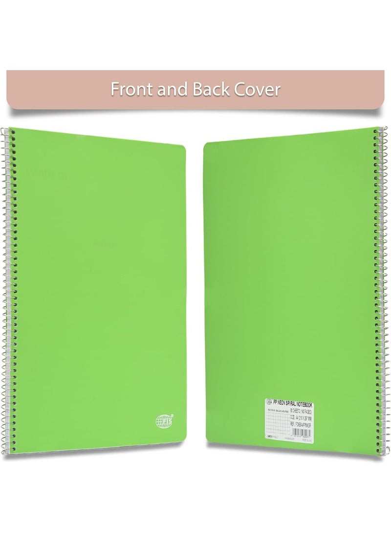 FIS Notebook A4 Size(210x297mm), PP Neon Cover, Spiral Binding, 80 Sheets, White Paper, 5mm Square Line Ruling, Pack of 5 Assorted Neon Colors, Ideal for School Essentials - FSNBA4PP5MAST/5 - Image 3